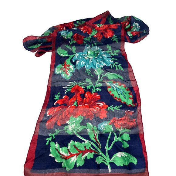 Floral Print Sheer Scarf Rectangular Navy Blue Red Green Lightweight 51x10 Inche - Picture 1 of 4